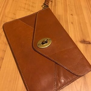 Large tan Fossil wristlet